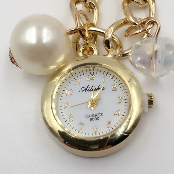 Watch Women’s Bangle Bracelet 2 Strand Pearl Bracelet Band Analog Gold White - Picture 4 of 11